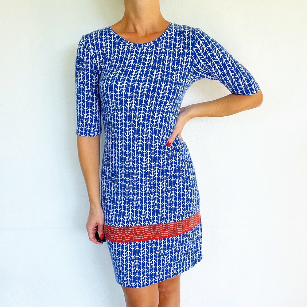 Antibes Blanc blue nautical anchor print bodycon dress size small